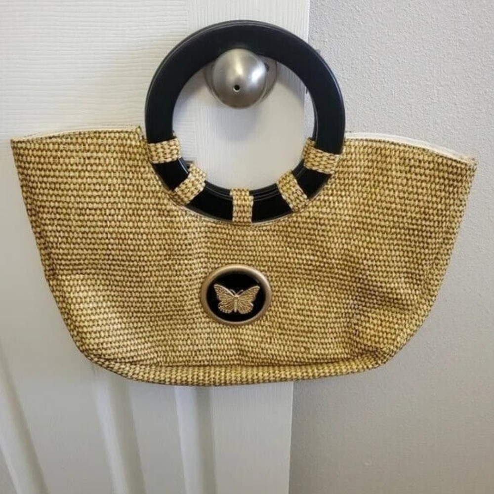 Braciano Woven Straw Beach Bag Double Wood Handles Fabric Lined Snap Closure - Picture 2 of 12